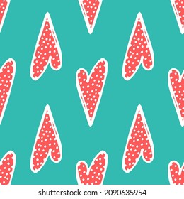 seamless pattern of red hearts with the texture of dots on emerald. seamless hand-drawn hearts with a pattern of white dots arranged in different directions for a design template