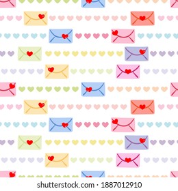 Seamless pattern with red hearts and valentines cards. Vector illustration on a white background.