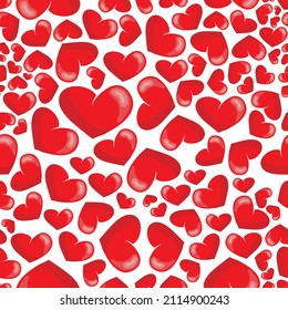 Seamless pattern of red hearts. Valentine's Day background. Flat design endless chaotic texture of tiny heart silhouettes. Shades of red. Vector illustration isolated on white background.