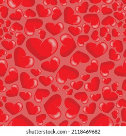 Patrón sin foco de corazones rojos. Antecedentes del Día de San Valentín. Diseño plano e interminable textura caótica de pequeñas siluetas cardíacas. Tonos rojos. Ilustración vectorial en un fondo rojo.