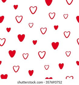 Seamless pattern with red hearts for Valentines day on a white background, hand drawn. Can be used for decoration for Valentines day, wedding. Vector illustration.