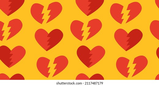 Seamless pattern with red hearts. Vector yellow background. Broken hearts. Valentine's day. Retro hippie style