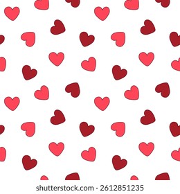 Seamless pattern with red hearts. Vector illustration with hearts in red shades for valentine's day, textile, birthday, wedding print. Isolated on white background