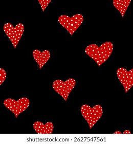 seamless pattern with red hearts and white polka dots on black background, romantic love design for valentine's day, textile, wrapping paper