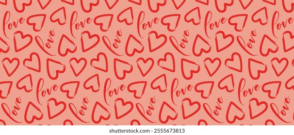 Seamless pattern with red hearts and word love. Cute romantic heart background for Valentine's Day, romantic wedding design. Vector.