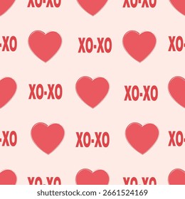 Patrón sin fisuras con corazones rojos y texto XO-XO sobre un fondo claro. Perfecto para el día de San Valentín, papel de regalo romántico, tarjetas de felicitación, textiles,