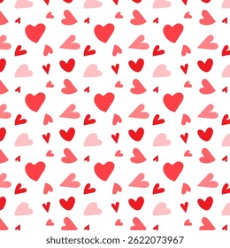 Seamless pattern with red hearts.Hand drawn heart repeat pattern isolated on white background for happy Valentines Day, birthday and other happy days.Vector graphic illustration.