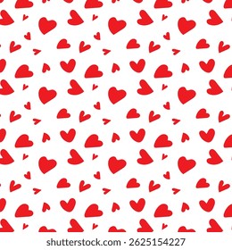 Seamless pattern with red hearts.Hand drawn heart repeat pattern isolated on white background for happy Valentines Day, birthday and other happy days.Vector graphic illustration.