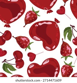 Seamless pattern with red  heart-shaped balloons, strawberry and cherry. Cartoon cute pink and red stickers for Valentine's Day. Wrapping, packaging design in flat style. Suitable for gift wrap 