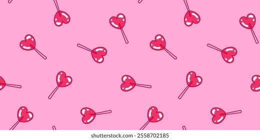 Seamless pattern with red heart-shaped lollipops on pink background. Valentines' day pattern with sugar candy for wallpaper, backgrounds, textile print, wrapping paper, posters. Vector illustration