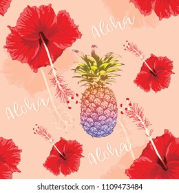 Seamless pattern red hibiscus flowers and pineapple on pink pastel background.Vector illustration.watercolor style