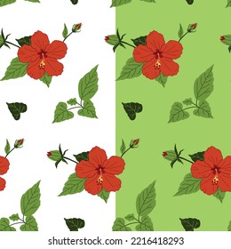 Seamless pattern of red Hibiscus flowers on a white and green backgrounds. Chinese rose. Vector illustration for decoration, postcards, print