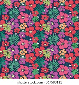 Seamless pattern with red hibiscus flowers and green palm leaves on dark background.  Tropical background