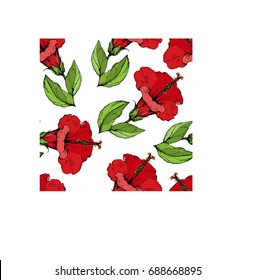 Seamless pattern with red hibiscus flowers drawing and sketch with line-art  on white backgrounds. Ink illustration.