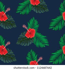 Seamless pattern red hibiscus flowers,Green monstera and palm leaves on dark blue background.Vector illustration watercolor style.For used wallpaper design,textile fabric or wrapping paper
