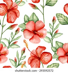 Seamless pattern with red hibiscus on a white background. Watercolor hand drawing. Vector illustration