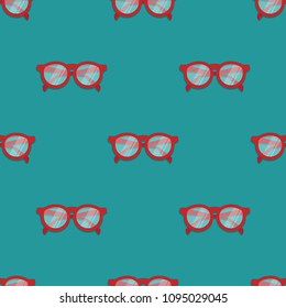 Seamless pattern with red Hipster Glasses on turquoise background. Unisex sunglasses texture. Vector illustration. Education wallpaper