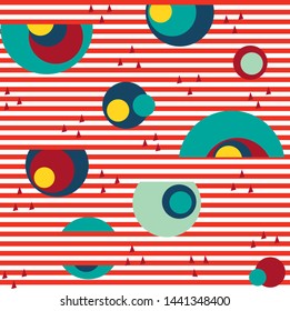 Seamless pattern with red horizontal stripes and circles