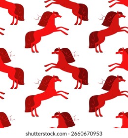 Patrón sin fisuras de un caballo rojo sobre un fondo blanco. un dibujo plano de estilo de dibujos animados. una Ilustración vectorial de archivo. EPS 10.
