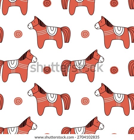 Seamless pattern with red horses on a white background. Toy red horse. Pattern for fabric or wrapping paper. Vector illustration in flat style.