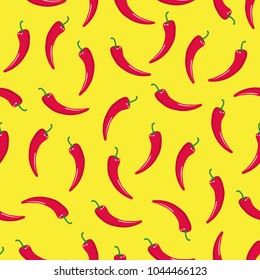 Seamless pattern with red hot chile peppers on yellow background. Vector illustration of chili peppers.