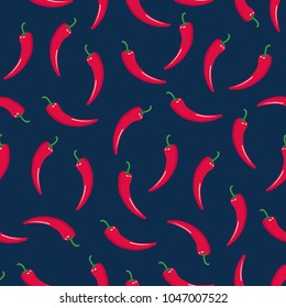 Seamless pattern with red hot chile peppers on blue background. Vector illustration of chili peppers.