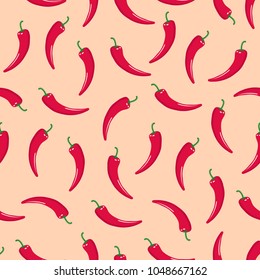 Seamless pattern with red hot chile peppers on pink background. Vector illustration of chili peppers.