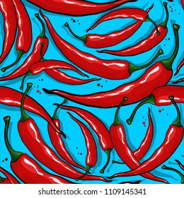 Seamless pattern with red hot chile peppers with shadow on blue background. Vector illustration of chili peppers and pepper peas. Hot spices.