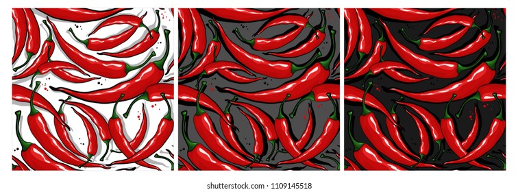 Seamless pattern with red hot chile peppers with shadow on black, gray and white background. Vector illustration of chili peppers and pepper peas. Set Hot spices.
