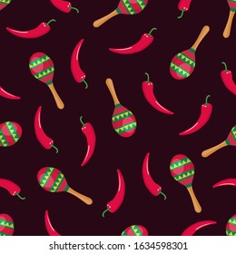 Seamless pattern with red hot chile peppers and maracas. Latino background. Vector illustration of chili peppers.