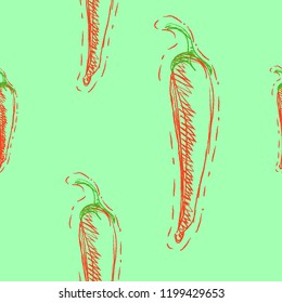 Seamless pattern with red hot chili peppers on green background. Vector illustration of vegetables eps 8