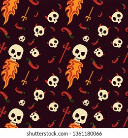 Seamless pattern red hot chili pepper with skull. Day of the Dead and halloween.