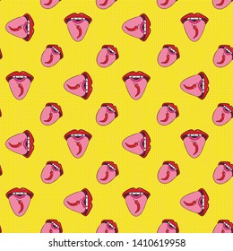 Seamless pattern with red hot chili pepper on the tongue. The girl shows tongue. Pop art style red lips  on a yellow polka dot background. Vector pattern for your cafe design or spicy food packaging.