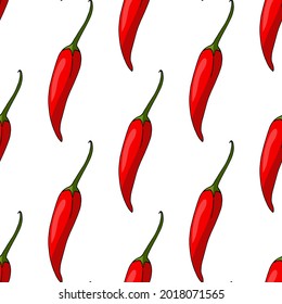 Seamless pattern with red hot chili peppers on white background. Vector image.