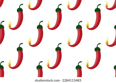 Seamless pattern with red hot chili peppers with flame on white background. Kitchen wallpaper.