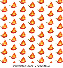 Patrón sin fisuras con chiles rojos calientes en el fuego aislado en el fondo blanco. Vector de textura de comida picante con verdura ardiente para Fondo de pantalla de cocina mexicana, textil o papel de regalo.