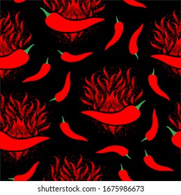 seamless pattern, red hot peppers on a black background. pepper on fire, flame. spicy pepper.