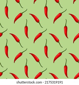 Seamless pattern with red hot peppers on light green background. Vector image.