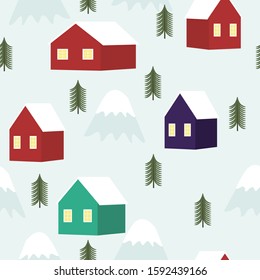 Seamless pattern with red houses in forest and mountains