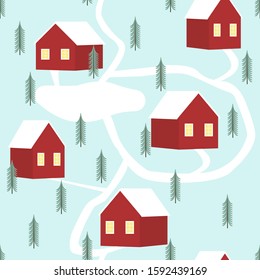 Seamless pattern with red houses and frozen lake