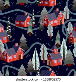 Seamless pattern with red houses on the  winter landscape. Vector