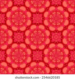 Padrão contínuo com ornamento floral indiano vermelho para amostra de tecido ou papel de embrulho. Vetor vívido abstrato caleidoscópico fundo
