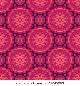 Seamless pattern with red Indian floral ornament for fabric swatch or wrapping paper. Vector vivid abstract kaleidoscopic background