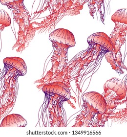 Seamless pattern with red jellyfish. Vector on white background.