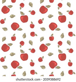 Seamless pattern with red juicy apple and leaves on a white background. Vector endless texture of juicy fruit