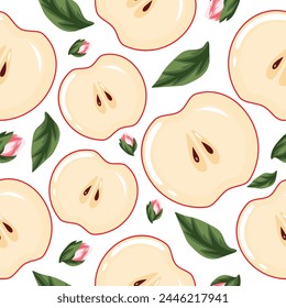 seamless pattern with red, juicy apple halves, green leaves and apple blossom buds, for packaging, for textiles or posters