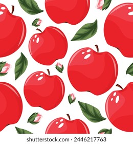 seamless pattern with red, juicy apples, green leaves and apple blossom buds, for packaging, for textiles or posters