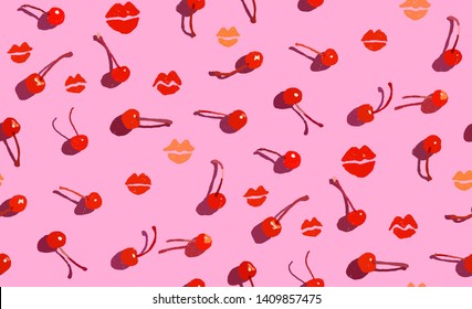 Seamless pattern of red juicy cherries and lips imprints on a pink background