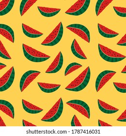 
Nahtlose Muster rote saftige Stücke Wassermelone auf gelbem Hintergrund Sommerzeit Vektorgrafik für Tapeten