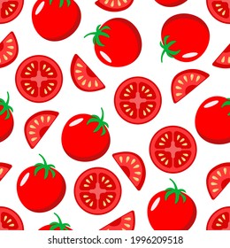 Seamless pattern of red juicy whole tomatoes and slices